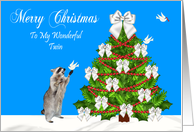 Christmas To Twin, Raccoon with a dove and a decorated tree, blue card