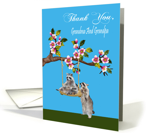 Thank You To Grandma And Grandpa, raccoon pushing another raccoon card