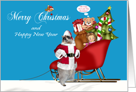 Christmas, general, Raccoon Santa Claus with sleigh in snow, blue card