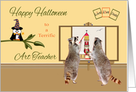 Halloween to Art Teacher, raccoons painting a light house, seagull card