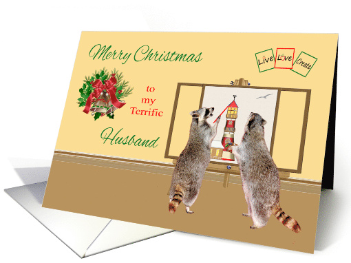 Christmas to Husband, raccoons painting a light house on a canvas card