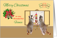 Christmas to Fiance, raccoons painting a light house on a canvas card