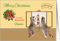 Christmas to Fiancee, raccoons painting a light house on a canvas card