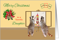 Christmas to Daughter, raccoons painting a light house on a canvas card