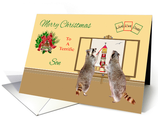 Christmas to Son, raccoons painting a light house on a canvas card