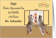 Teacher Appreciation Day to Art Teacher Custom Name with Raccoons card