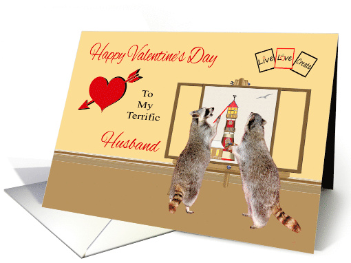 Valentine's Day to Husband with Raccoons Painting a Light House card