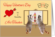 Valentine’s Day to Art Teacher, raccoons painting light house, seagull card