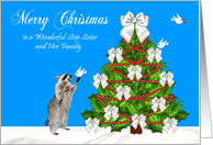 Christmas to Step Sister and Family, Raccoon with a dove, tree, blue card