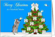 Christmas to Mentor, Raccoon with a dove and a decorated tree, blue card