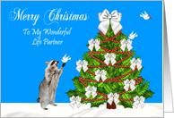 Christmas To Life Partner, Raccoon with a dove and a decorated tree card