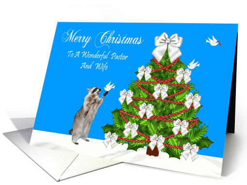 Christmas to Pastor and Wife with a Raccoon and a Dove by a Tree card
