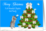 Christmas To Chaplain And Family, Raccoon with a dove, decorated tree card