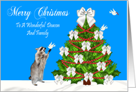 Christmas To Deacon And Family, Raccoon with a dove, decorated tree card