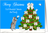 Christmas To Minister And Family, Raccoon with a dove, decorated tree card