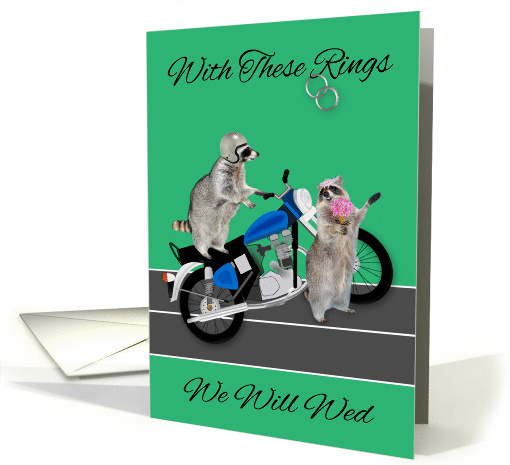 Invitations, Wedding, motorcycle theme, two adorable raccoons card