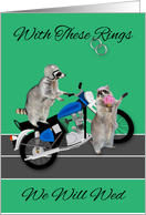 Invitations, Wedding, motorcycle theme, two adorable raccoons card