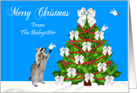 Christmas From Babysitter, Raccoon with a dove and a decorated tree card