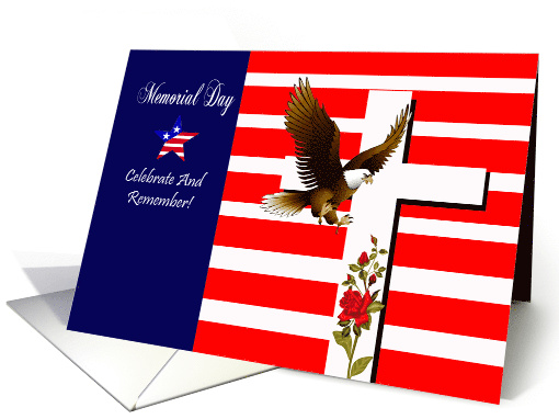 Memorial Day Card with an Eagle Flying in Front of Flag and Cross card
