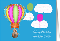 Birthday from Both Of Us, Raccoon floating in colorful hot air balloon card