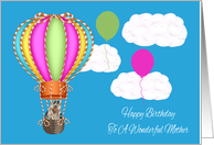 Birthday To Mother, Raccoon floating in colorful hot air balloon, blue card