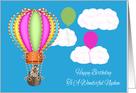 Birthday To Nephew, Raccoon floating in a hot air balloon on blue card