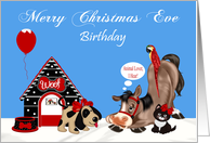 Birthday on Christmas Eve, general, dog, dog house, horse, parrot, cat card
