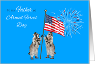Armed Forces Day to Father, armed raccoons with a flag and fireworks card