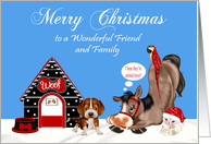 Christmas to Friend and Family, dog with dog house, horse, parrot, cat card