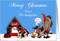 Christmas From Babysitter, dog with a dog house, horse, parrot and cat card