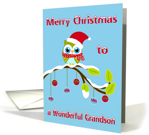 Christmas to Grandson, Owl wearing a Santa Claus hat on a... (1125848)