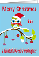 Christmas to Great Granddaughter, Owl wearing a Santa Claus hat card
