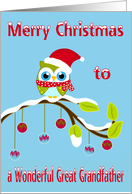 Christmas to Great Grandfather, Owl wearing a Santa Claus hat on limb card