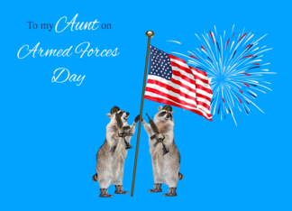 Armed Forces Day To Aunt, armed raccoons with a flag and fireworks