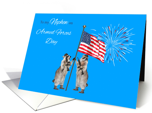 Armed Forces Day to Nephew with Armed Raccoons Holding a Flag card