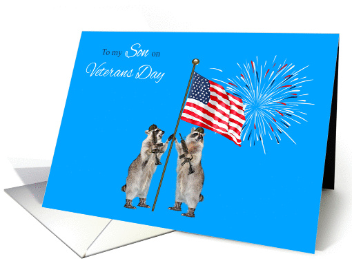 Veterans Day To Son, armed raccoons with flag and fireworks, blue card