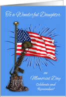 Memorial Day to Daughter, combat boots, rifle, helmet against USA flag card