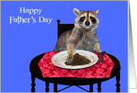 Father’s Day, general humor, smiling raccoon with pile of dirt on blue card
