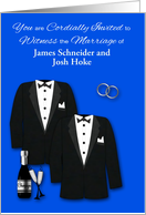 Invitations, Gay Wedding, custom name, two tuxedos with champagne card