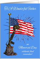 Memorial Day To Father, combat boots, rifle, helmet against USA flag card
