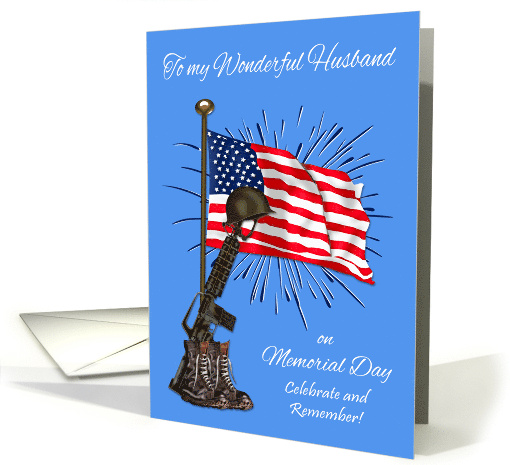 Memorial Day to Husband with Military Equipment Against USA Flag card