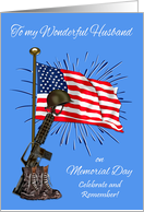 Memorial Day to Husband with Military Equipment Against USA Flag card