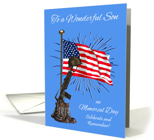 Memorial Day to Son, combat boots, rifle, helmet against USA flag card