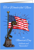 Memorial Day to Niece, combat boots, rifle, helmet against USA flag card