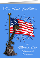 Memorial Day to Sister, combat boots, rifle, helmet against USA flag card