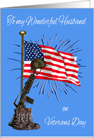 Veterans Day to Husband with Military Equipment Against a USA Flag card