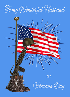 Veterans Day to Husband with Military Equipment Against a USA Flag