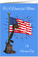 Veterans Day To Mother, combat boots, rifle, helmet against USA flag card