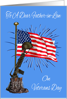 Veterans Day To Father-in-Law, combat boots, rifle, helmet, USA flag card