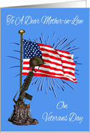 Veterans Day To Mother-in-Law, combat boots, rifle, helmet, USA flag card